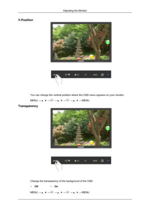 Page 98V-Position
You can change the vertical position where the OSD menu appears on your \
monitor.
MENU → 
 ,   →   →   ,   →   →   ,   → MENU
Transparency Change the transparency of the background of the OSD.
• Off •On
MENU →   ,   →   →   ,   →   →   ,   → MENU
Adjusting the Monitor 