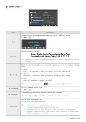Page 393-14Using the product
 SETUP&RESET
MenuDescription
ResetUse this function to restore the visual quality and color settings to the factory defaults.
• - 
LanguageSelect a language for the OSD.
 The selected language is only applied to the product OSD. This setting does not affect the other 
functions of the PC.
 
Eco SavingThis function provides user a low power mode which is realized by lowering the current of the display 
panel.
• 
When  is selected, the power consumption is about 75% of default...