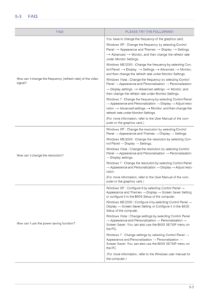 Page 48Troubleshooting5-3
5-3 FAQ
FAQ!PLEASE TRY THE FOLLOWING!
How can I change the frequency (refresh rate) of the video 
signal?You have to change the frequency of the graphics card.
Windows XP : Change the frequency by selecting Control 
Panel 
→ Appearance and Themes → Display → Settings 
→ Advanced → Monitor, and then change the refresh rate 
under Monitor Settings. 
Windows ME/2000 : Change the frequency by selecting Con-
trol Panel  
→ Display  → Settings → Advanced → Monitor, 
and then change the...