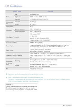 Page 656-17More Information
6-17 Specifications
 Design and specifications are subject to change without prior notice.  Class B (Information Communication equipment for residential use)
This device is registered for EMC requirements for home use (Class B). It can be used in all areas. (Class B equipment 
emits less electromagnetic waves than Class A equipment.)
 
MODEL NAMES24B370H
Panel
Size 24 inches (61 cm)
Display area 531.36 mm (H) x 298.89 mm (V)
Pixel Pitch 0.27675 mm (H) x 0.27675 mm (V)
Synchroniza-...