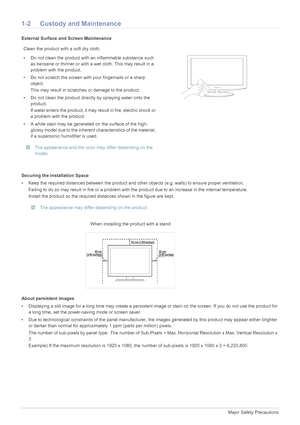 Page 51-2Major Safety Precautions
1-2 Custody and Maintenance
External Surface and Screen Maintenance
Securing the Installation Space
• Keep the required distances between the product and other objects (e.g. walls) to ensure proper ventilation.
Failing to do so may result in fire or a problem with the product due to an increase in the internal temperature.
Install the product so the required distances shown in the figure are kept.
 The appearance may differ depending on the product.
 
About persistent images
•...