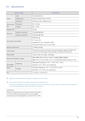 Page 58More Information6-5
6-5 Specifications
 Design and specifications are subject to change without prior notice.  Class B (Information Communication equipment for residential use)
This device is registered for EMC requirements for home use (Class B). It can be used in all areas. (Class B equipment 
emits less electromagnetic waves than Class A equipment.)
 
MODEL NAMES19B300NW
Panel
Size 19 inches (48 cm)
Display area 408.24 mm(H) X 255.15 mm(V)
Pixel Pitch 0.2835 mm (H) x 0.2835 mm (V)
Synchroniza-...