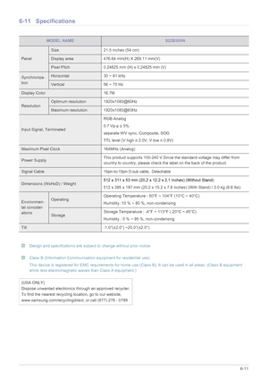 Page 64More Information6-11
6-11 Specifications
 Design and specifications are subject to change without prior notice.  Class B (Information Communication equipment for residential use)
This device is registered for EMC requirements for home use (Class B). It can be used in all areas. (Class B equipment 
emits less electromagnetic waves than Class A equipment.)
 
MODEL NAMES22B300N
Panel
Size 21.5 inches (54 cm)
Display area 476.64 mm(H) X 268.11 mm(V)
Pixel Pitch 0.24825 mm (H) x 0.24825 mm (V)
Synchroniza-...