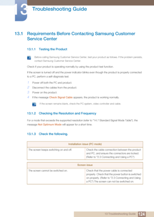 Page 12412413 Troubleshooting Guide
13 
Troubleshooting Guide
13.1 Requirements Before Contacting Samsung Customer 
Service Center
13.1.1 Testing the Product
 Before calling Samsung Customer Service Center, test your product as follows. If the problem persists, 
contact Samsung Customer Service Center.
 
Check if your product is operating normally by using the product test function.
If the screen is turned off and the power indicator blinks even though the product is properly connected 
to a PC, perform a...