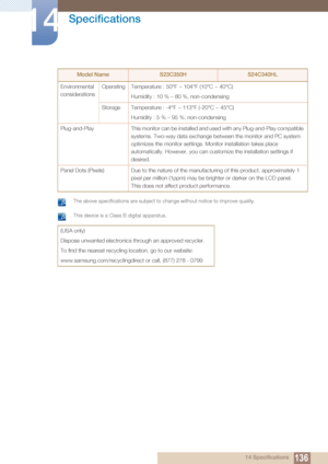 Page 136136
Specifications
14
14 Specifications
 The above specifications are subject to change without notice to improve quality.  This device is a Class B digital apparatus. 
Environmental 
considerationsOperating Temperature : 50°F ~ 104°F (10°C ~ 40°C)
Humidity : 10 % – 80 %, non-condensing
Storage Temperature : -4°F ~ 113°F (-20°C ~ 45°C) Humidity : 5 % – 95 %, non-condensing
Plug-and-Play This monitor can be installed and used with any Plug-and-Play compatible 
systems. Two-way data exchange between the...