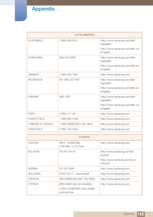Page 145145
Appendix
 Appendix
GUATEMALA 1-800-299-0013 http://www.samsung.com/latin 
(Spanish)
http://www.samsung.com/latin_en 
(English)
HONDURAS 800-27919267 http://www.samsung.com/latin 
(Spanish)
http://www.samsung.com/latin_en 
(English)
JAMAICA 1-800-234-7267 http://www.samsung.com
NICARAGUA 00-1800-5077267 http://www.samsung.com/latin 
(Spanish)
http://www.samsung.com/latin_en 
(English)
PANAMA 800-7267 http://www.samsung.com/latin 
(Spanish)
http://www.samsung.com/latin_en 
(English)
PERU 0-800-777-08...