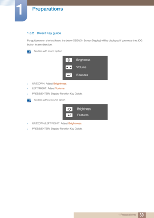 Page 3030
Preparations
1
1 Preparations
1.3.2 Direct Key guide
For guidance on shortcut keys, the below OSD (On  Screen Display) will be displayed if you move the JOG 
button in any direction.
 Models with sound option 
zUP/DOWN: Adjust  Brightness.
zLEFT/RIGHT: Adjust Volume .
zPRESS(ENTER): Display Function Key Guide.
 Models without sound option 
zUP/DOWN/LEFT/RIGHT: Adjust Brightness.
zPRESS(ENTER): Display Function Key Guide.
Brightness
Volume
Features
Brightness
Features
 
