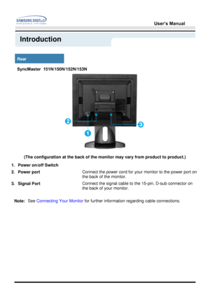 Page 16User’s Manual 
Introduction
Rear
 
 
(The configuration at the back of the m onitor may vary from product to product.) 
1. Power on/off Switch  
2. Power port Connect the power cord for your monitor to the power port on 
the back of the monitor. 
3. Signal Port Connect the signal cable to the 15-pin, D-sub connector on 
the back of your monitor.
 
Note:  
See 
Connecting Your Monitor  for further information regarding cable connections.
SyncMaster  151N/150N/152N/153N
 