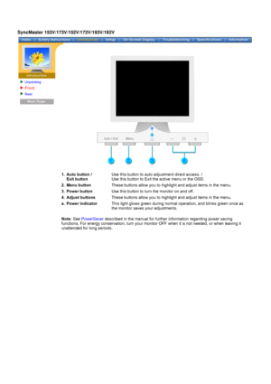 Page 14Unpacking
Front 
Rear 
 
1. Auto button /  Exit button Use this button to auto adjustment direct access. /  
Use this button to Exit the active menu or the OSD.
2. Menu button These buttons allow you to highlight and adjust items in the menu.
3. Power button Use this button to turn the monitor on and off.
4. Adjust buttons These buttons allow you to highlight and adjust items in the menu.
a. Power indicator
This light glows green during normal operation, and blinks green once as\
 
the monitor saves your...