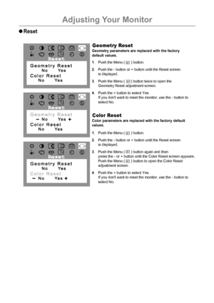 Page 13Adjusting Your Monitor
12
1. Push the Menu (      ) button.
2. Push the - button or + button until the Reset screen
is displayed.
3. Push the Menu (      ) button twice to open the
Geometry Reset adjustment screen.
4. Push the + button to select Yes.
If you dont want to reset the monitor, use the - button to
select No. Geometry parameters are replaced with the factory
default values.
Reset
Geometry Reset
1. Push the Menu (      ) button.
2. Push the - button or + button until the Reset screen
is...