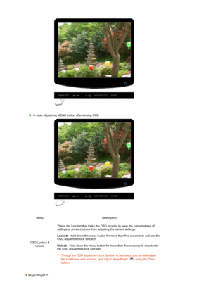 Page 30 
 
 
 
 
 In case of pushing MENU button after locking OSD 
Menu Description
OSD Locked &  Unlock This is the function that locks the OSD in order to keep the current states of 
settings or prevent others from adjusting the current settings.  
 
Locked
 : Hold down the menu button for more than five seconds to activate the 
OSD adjustment lock function. 
 
Unlock  : Hold down the menu button for more than five seconds to deactivate 
the OSD adjustment lock function. 
 
Th ough the OSD adjustment lock...