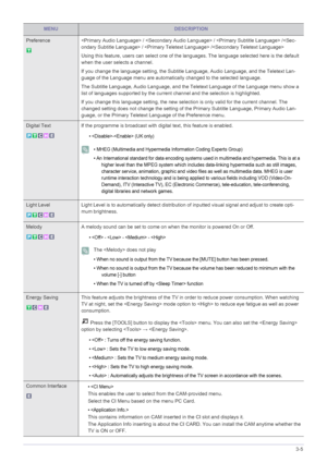 Page 49Using the Product3-5
Preference  /  /  / /  /
Using this feature, users can select one of the languages. The language selected here is the default 
when the user selects a channel.
If you change the language setting, the Subtitle Language, Audio Language, and the Teletext Lan-
guage of the Language menu are automatically changed to the selected language.
The Subtitle Language, Audio Language, and the Teletext Language of the Language menu show a 
list of languages supported by the current channel and the...