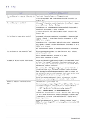 Page 625-3Troubleshooting
5-3 FAQ
FAQPLEASE TRY THE FOLLOWING!
How can I change the frequency of the video sig-
nal?You have to change the frequency of the graphics card.
(For more information, refer to the User Manual of the computer or the 
graphics card.) 
How can I change the resolution?
Windows XP: Change the resolution by selecting Control Panel → Appear-
ance and Themes → Display → Settings.
Windows ME/2000 : Change the resolution by selecting Control Panel → 
Appearance and Themes → Display → Settings....