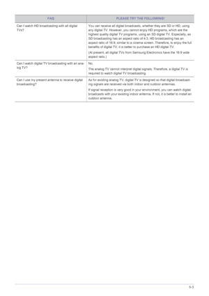 Page 63Troubleshooting5-3
Can I watch HD broadcasting with all digital 
TVs?You can receive all digital broadcasts, whether they are SD or HD, using 
any digital TV. However, you cannot enjoy HD programs, which are the 
highest quality digital TV programs, using an SD digital TV. Especially, as 
SD broadcasting has an aspect ratio of 4:3, HD broadcasting has an 
aspect ratio of 16:9, similar to a cinema screen. Therefore, to enjoy the full 
benefits of digital TV, it is better to purchase an HD digital TV.
(At...