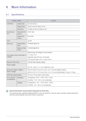 Page 646-1More Information
6 More Information
6-1 Specifications
 Class B (Information Communication Equipment for Home Use) 
This device has been registered regarding EMI for home use (Class B). It may be used in all areas. (Class B equipment 
emits less electromagnetic waves than Class A equipment.)
 
MODEL NAME2033HD
LCD PanelScreen Size 20 inch (50 cm)
Display Area 442.8 mm (H) X 249.2 mm (V)
Pixel Pitch 0.2768 mm (H) X 0.2768 mm (V)
Synchroniza-
tionHorizontal Fre-
quency30~81 kHz
Vertical Fre-
quency56~75...