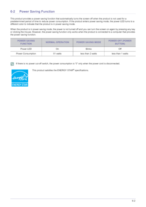 Page 65More Information6-2
6-2 Power Saving Function
This product provides a power saving function that automatically turns the screen off when the product is not used for a 
predetermined period of time to reduce power consumption. If the product enters power saving mode, the power LED turns to a 
different color to indicate that the product is in power saving mode. 
When the product is in power saving mode, the power is not turned off and you can turn the screen on again by pressing any key 
or clicking the...