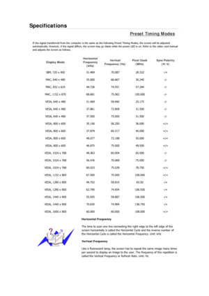Page 116Specifications 
Preset Timing Modes 
If the signal transferred from the computer is the same as the following Preset Timing Modes, the screen will be adjusted 
automatically. However, if the signal differs, the screen may go blank while the power LED is on. Refer to the video card manua l 
and adjusts the screen as follows. 
Display Mode  Horizontal 
Frequency 
(kHz)  Vertical 
Frequency (Hz)  Pixel Clock 
(MHz)  Sync Polarity 
(H/V) 
IBM, 720 x 400  31.469 70.087 28.322  -/+ 
MAC, 640 x 480  35.000...