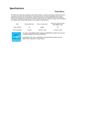 Page 55Specifications 
PowerSaver 
This monitor has a built-in power management system called PowerSaver. This system saves energy by switching your monitor 
to low-power mode when it has not been used for a certain  amount of time. The monitor automatically returns to normal 
operation when you press a key on the keyboard. For energy cons ervation, turn your monitor OFF when it is not needed, or 
when leaving it unattended for long periods. The PowerSaver sy stem operates with a VESA DPM compliant video card...