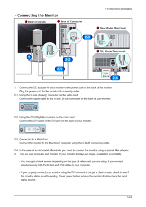 Page 20- Connecting the Monitor
14 Reference Infomation
14-3
1.  Connect the DC adapter for your monitor to the power port on the back of the monitor. 
Plug the power cord for the monitor into a nearby outlet. 
2-1. Using the D-sub (Analog) connector on the video card. 
Connect the signal cable to the 15-pin, D-sub connector on the back of your monitor.
2-2. Using the DVI (Digital) connector on the video card.
Connect the DVI cable to the DVI port on the back of your monitor.
2-3. Connected to a Macintosh....