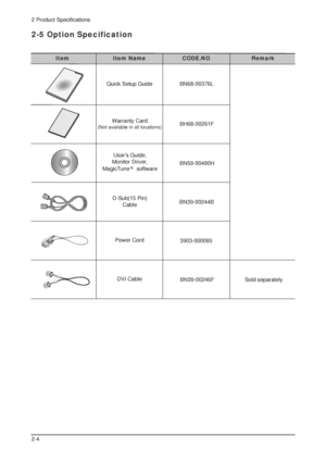 Page 312 Product Specifications
2-4
2-5 Option Specification
Item Item Name CODE.NO Remark
Quick Setup GuideBN68-00376L
BH68-00261F
BN59-00480H
BN39-00244B
3903-000085
Warranty Card
(Not available in all locations)
Users Guide,
Monitor Driver,
MagicTune^software
D-Sub(15 Pin) 
Cable
Power Cord 
BN39-00246F Sold separately DVI Cable      
 