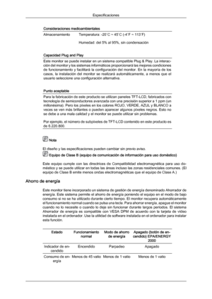 Page 163Consideraciones medioambientales
Almacenamiento
Temperatura: -20
˚C ~ 45˚C (-4˚F ~ 113˚F)
Humedad: del 5% al 95%, sin condensación Capacidad Plug and Play
Este monitor se puede instalar en un sistema compatible Plug & Play. La interac-
ción del monitor y 
los 
sistemas informáticos proporcionará las mejores condiciones
de  funcionamiento  y  facilitará  la  configuración  del  monitor.  En  la  mayoría  de  los
casos,  la  instalación  del  monitor  se  realizará  automáticamente,  a  menos  que  el...