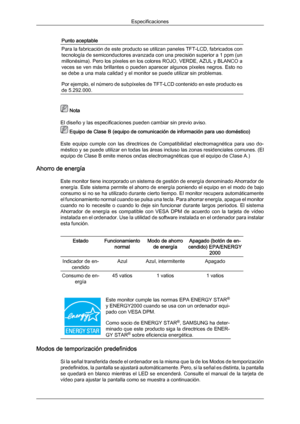 Page 170Punto aceptable
Para la fabricación de este producto se utilizan paneles TFT-LCD, fabricados con
tecnología 
de semiconductores 
avanzada 
con una precisión superior a 1 ppm (un
millonésima). Pero los píxeles en los colores ROJO, VERDE, AZUL y BLANCO a
veces se ven más brillantes o pueden aparecer algunos píxeles negros. Esto no
se debe a una mala calidad y el monitor se puede utilizar sin problemas.
Por ejemplo, el número de subpíxeles de TFT-LCD contenido en este producto es
de 5.292.000.  Nota
El...