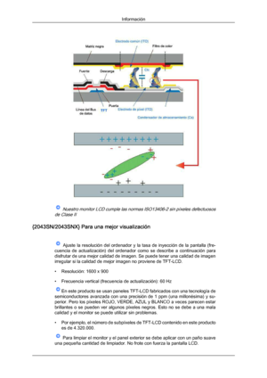 Page 175 Nuestro monitor LCD cumple las normas ISO13406-2 sin píxeles defectuosos
de Clase II
{2043SN/2043SNX} Para una mejor visualización   Ajuste  la  resolución  del  ordenador  y  la  tasa  de  inyección  de  la  pantalla  (fre-
cuencia  de actualización) 
del 

ordenador  como  se  describe  a  continuación  para
disfrutar de una mejor calidad de imagen. Se puede tener una calidad de imagen
irregular si la calidad de mejor imagen no proviene de TFT-LCD.
• Resolución: 1600 x 900
• Frecuencia vertical...