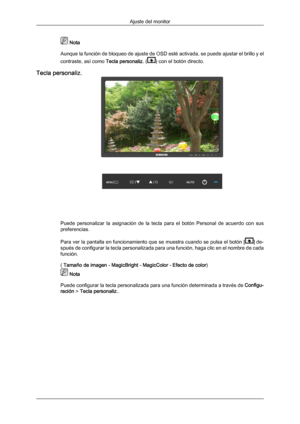 Page 47 Nota
Aunque la función  de 
bloqueo de ajuste de OSD esté activada, se puede ajustar el brillo y el
contraste, así como Tecla personaliz. ( ) con el botón directo.
Tecla personaliz. Puede  personalizar  la  asignación  de  la  tecla  para  el  botón  Personal  de  acuerdo  con  sus
preferencias.
Para ver la 
pantalla 

en funcionamiento que se muestra cuando se pulsa el botón [ ] de-
spués  de configurar 
la 

tecla personalizada para una función, haga clic en el nombre de cada
función.
( Tamaño de...