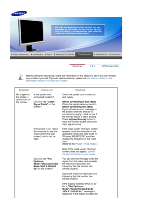 Page 43 
 
Before calling for assistance, check the information in this section to see if you can remedy 
any problems yourself. If you do need assistance, please call the phone number on the 
Information section or contact your dealer .
 
 
Symptom Check List Solutions
No images on 
the screen. I 
cannot turn on 
the monitor. Is the power cord 
connected properly?
Check the power cord connection 
and supply.
Can you see  Check 
Signal Cable  on the 
screen?  (When connecting D-Sub cable)
 
Check the signal...