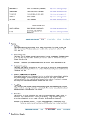 Page 53PHILIPPINES 1800-10-SAMSUNG (7267864)http://www.samsung.com/ph
SINGAPORE 1800-SAMSUNG (7267864) http://www.samsung.com/sg
THAILAND 1800-29-3232, 02-689-3232 http://www.samsung.com/th
TAIWAN 0800-329-999 http://www.samsung.com/tw
VIETNAM 1 800 588 889 http://www.samsung.com/vn
 
 
Middle East & Africa  
SOUTH AFRICA 0860 7267864 (SAMSUNG) http://www.samsung.com/za
U.A.E 800SAMSUNG (7267864) 
8000-4726 http://www.samsung.com/mea
 
 
 Terms 
 
Dot Pitch 
The image on a monitor is composed of red, green and...