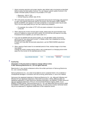 Page 54 1. Adjust computer resolution and screen injection rate (refresh rate) oncomputer as described  below to enjoy the best quality of picture. You can have an uneven quality of picture in the 
screen if the best quality of picture is not provided in TFT-LCD.  
 
{Resolution: 1600 X 1200  {Vertical frequency (refresh rate): 60 Hz  
 
2. TFT LCD panels manufactured by using advanced semiconductor technology with precision 
of 1ppm (one millionth) above are used for this product. But the pixels of RED, GREEN,...