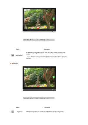 Page 27 
 
 
 
 
 
  
Menu Description
 
MagicBright™Push the MagicBright™ button to circle through available preconfigured 
modes.  
 
- seven different modes (Custom/Text/Internet/Game/Sport/Movie/Dynamic 
Contrast) 
Brightness
 
Menu Description
 
Brightness When OSD is not on the screen, push the button to adjust brightness.
 