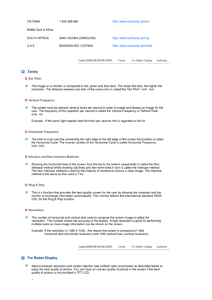 Page 49VIETNAM 1 800 588 889http://www.samsung.com/vn 
Middle East & Africa
SOUTH AFRICA 0860 7267864 (SAMSUNG)http://www.samsung.com/za 
U.A.E 800SAMSUNG (7267864)http://www.samsung.com/mea 
 
 
 
 
 
 
 
 
 
 
 
 
 
 
 
 
 Terms
Dot Pitch
The image on a monitor is composed of red, green and blue dots. The closer the dots, the higher the 
resolution. The distance between two dots of the same color is called the Dot Pitch. Unit : mm
Vertical Frequency
The screen must be redrawn several times per second in order...