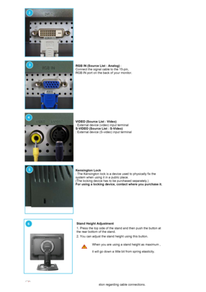 Page 13  
 
 
 
 
RGB IN (Source List : Analog)  :  
Connect the signal cable to the 15-pin,  
RGB IN port on the back of your monitor.
 
 
 
 
VIDEO (Source List : Video)  
: External device (video) input terminal  
S-VIDEO (Source List : S-Video)   
: External device (S-video) input terminal 
 
 
 
Kensington Lock  
: The Kensington lock is a device used to physically fix the 
system when using it in a public place.  
(The locking device has to be purchased separately.)  
For using a locking device, co ntact...