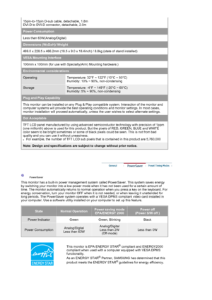 Page 6715pin-to-15pin D-sub cable, detachable, 1.8m 
DVI-D to DVI-D connector, detachable, 2.0m 
Power Consumption
Less than 63W(Analog/Digital) 
Dimensions (WxDxH)/ Weight 
469.0 x 228.5 x 466.2mm (18.5 x 9.0 x 18.4inc h) / 8.8kg (state of stand installed) 
VESA Mounting Interface
100mm x 100mm (for use with Specialty(Arm) Mounting hardware.)
Environmental considerations
OperatingTemperature: 32°F ~ 122°F (10°C ~ 50°C)  
Humidity: 10% ~ 90%, non-condensing
StorageTemperature: -4°F ~ 149°F (-20°C ~ 65°C)...