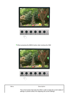 Page 33
 
 
 When pressing the MENU button after locking the OSD
 
M e nu D e sc r i p t i on
T h i s   i s  t h e  f un c t i on   t ha t  l o cks   t he  O S D   i n   o r d e r  t o   k eep  t h e   c u r r en t  s t a t e s   o f 
s e tt i ng s   o r   p r e v en t  o t h e r s  f r o m   a d j u s t i ng  t h e   c u r r en t  s e t t i ng s .   