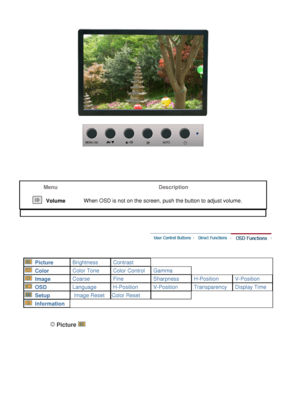 Page 35
Menu
Description
  Volume
When OSD is not on the screen, push the button to adjust volume.  
   
    Picture  Brightness  Contrast
  Color  Color Tone  Color Control  Gamma
  Image  Coarse  Fine  Sharpness  H-Position  V-Position
  OSD  Language  H-Position  V-Position  Transparency  Display Time
  Setup   Image Reset Color Reset  
  Information
 Picture 
  