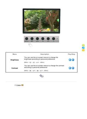 Page 36
Menu
DescriptionPlay/Stop
Brightness You can use the on-screen menus to change the 
brightness according to personal preference.  
 
[MENU
→
   →
   →
 ,   →
 MENU] Contrast
You can use the on-screen menus to change the contrast 
according to personal preference.  
 
[MENU
→   →  ,   →   →  ,   → MENU]  
 
 
   Color 
  