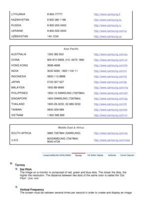 Page 53
LITHUANIA
8-800-77777 http://www.samsung.ltKAZAKHSTAN
8 800 080 1188 http://www.samsung.kzRUSSIA
8-800-200-0400 http://www.samsung.ruUKRAINE
8-800-502-0000 http://www.samsung.com/urUZBEKISTAN
140-1234 http://www.samsung.uz 
 
Asia Pacific
 
AUSTRALIA 1300 362 603  http://www.samsung.com/auCHINA
800-810-5858, 010- 6475 1880 http://www.samsung.com.cnHONG KONG
3698-4698 http://www.samsung.com/hkINDIA
3030 8282, 1800 1100 11 http://www.samsung.com/inINDONESIA
0800-112-8888 http://www.samsung.com/idJAPAN...