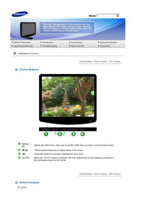 Page 28 Model
 
 
 
 Control Buttons 
 
[MENU / ] Opens the OSD menu. Also use to exit the OSD menu or return to the previous menu.
[] These buttons allow you to adjust items in the menu.
[] Press this button to activate a highlighted menu item. 
[AUTO]  When the AUTO button is pressed, the Auto Adjustment screen appears as shown in  the animated screen on the center.
 
 Direct Functions 
AUTO
 
 
