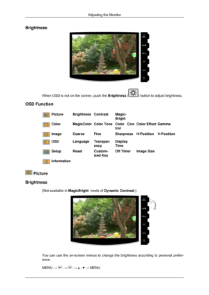 Page 32Brightness
When OSD is not on the screen, push the Brightness ( ) button to adjust brightness.
OSD Function Picture
BrightnessContrastMagic-
Bright Color
MagicColorColor ToneColor Con-
trolColor Effect
Gamma Image
CoarseFineSharpnessH-PositionV-Position OSD
LanguageTranspar-
encyDisplay
Time 
  Setup
ResetCustom-
ized KeyOff Timer
Image Size  Information
 Picture
Brightness (Not available in  MagicBright  mode of Dynamic Contrast.) You can use the on-screen menus to change the brightness according to pe\...