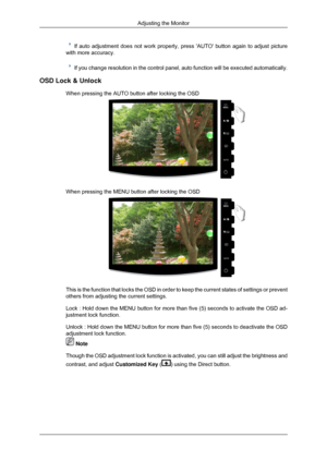 Page 43If auto adjustment does not work properly, press AUTO button again to \
adjust picture
with more accuracy. If you change resolution in the control panel, auto function will be exe\
cuted automatically.
OSD Lock & Unlock When pressing the AUTO button after locking the OSD When pressing the MENU button after locking the OSD
This is the function that locks the OSD in order to keep the current sta\
tes of settings or prevent
others from adjusting the current settings.
Lock : Hold down the MENU button for...