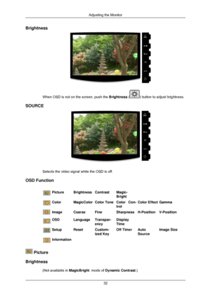 Page 33Brightness
When OSD is not on the screen, push the Brightness ( ) button to adjust brightness.
SOURCE Selects the video signal while the OSD is off.
OSD Function Picture
BrightnessContrastMagic-
Bright Color
MagicColorColor ToneColor Con-
trolColor Effect
Gamma Image
CoarseFineSharpnessH-PositionV-Position OSD
LanguageTranspar-
encyDisplay
Time 
  Setup
ResetCustom-
ized KeyOff Timer
Auto
SourceImage Size Information
 Picture
Brightness (Not available in  MagicBright  mode of Dynamic Contrast.)Adjusting...