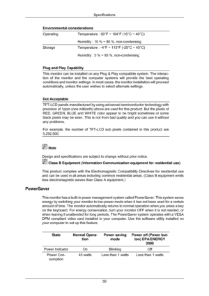 Page 51Environmental considerations
Operating
Temperature : 50°F ~ 104°F (10°C ~ 40°C)
Humidity : 10 % ~ 80 %, non-condensing
Storage
Temperature : -4°F ~ 113°F (-20°C ~ 45°C)
Humidity : 5 % ~ 95 %, non-condensing
Plug and Play Capability This monitor can be installed on any Plug & Play compatible system. The \
interac-
tion of the monitor and the computer systems will provide the best opera\
ting
conditions and monitor settings. In most cases, the monitor installation\
 will proceed
automatically, unless the...