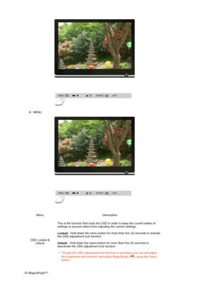 Page 31 
 
 
 
 MENU 
Menu Description
OSD Locked &  Unlock This is the function that 
locks the OSD in order to keep the current states of 
settings or prevent others from adjusting the current settings.  
 
Locked  : Hold down the menu button for more than five (5) seconds to activate 
the OSD adjustment lock function. 
 
Unlock  : Hold down the menu button for more than five (5) seconds to 
deactivate the OSD adjustment lock function. 
 
Though the OSD adjustment lock function is activated, you can still...
