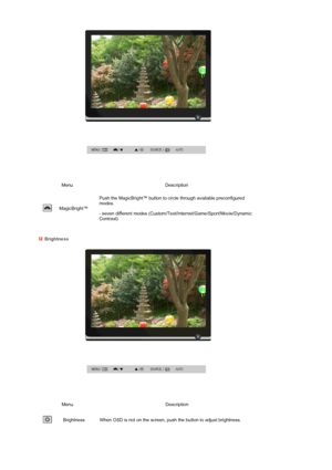 Page 32 
 
 
 
 
 
  
Menu Description
 
MagicBright™ Push the MagicBright™ button to circle through available preconfigured 
modes.  
 
- seven different modes (Custom/Text/Internet/Game/Sport/Movie/Dynamic 
Contrast) 
Brightness
 
Menu Description
 
Brightness When OSD is not on the screen, push the button to adjust brightness.
 
