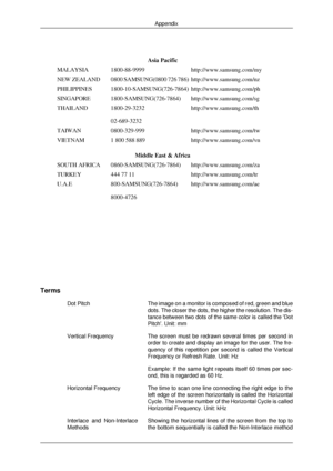 Page 148Terms
Dot Pitch The image on a monitor is composed of red, green and blue
dots. The closer the dots, the higher the resolution. The dis-
tance between two dots of the same color is called the Dot
Pitch. Unit: mm
Vertical Frequency The screen must be redrawn several times per second in
order to create and display an image for the user. The fre-
quency of this repetition per second is called the Vertical
Frequency or Refresh Rate. Unit: Hz
Example: If the same light repeats itself 60 times per sec-
ond,...