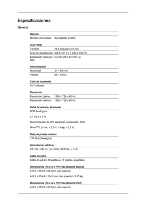 Page 149Especificaciones
General
General
Nombre del modelo SyncMaster 943SN
LCD Panel
Tamaño
18,5 pulgadas (47 cm)
Área de visualización 409,8 mm (H) x 230,4 mm (V)
Separación entre píx-
eles
0,3 mm (H) x 0,3 mm (V)
Sincronización
Horizontal                    31  ~ 80 kHz
Vertical                        56 ~ 75 Hz
Color de la pantalla
16,7 millones
Resolución
Resolución óptima
1360 x 768 a 60 Hz
Resolución máxima 1360 x 768 a 60 Hz
Señal de entrada, terminado
RGB Analógica
0,7 Vp-p ± 5 %
Sincronización de H/V...