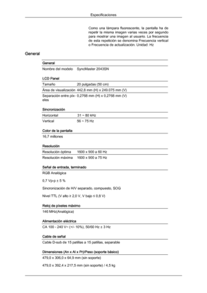 Page 155Como  una  lámpara  fluorescente,  la  pantalla  ha  de
repetir 
la misma 
imagen  varias 
veces  por  segundo
para  mostrar  una  imagen  al  usuario.  La  frecuencia
de  esta  repetición  se  denomina  Frecuencia  vertical
o Frecuencia de actualización. Unidad: Hz
General
General
Nombre del modelo SyncMaster 2043SN
LCD Panel
Tamaño
20 pulgadas (50 cm)
Área de visualización 442,8 mm (H) x 249.075 mm (V)
Separación entre píx-
eles
0,2768 mm (H) x 0,2768 mm (V)
Sincronización
Horizontal...