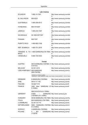 Page 193Latin America
ECUADOR 1-800-10-7267 http://www.samsung.com/lat-
in
EL SALVADOR 800-6225 http://www.samsung.com/lat-
in
GUATEMALA 1-800-299-0013 http://www.samsung.com/lat-
in
HONDURAS 800-7919267 http://www.samsung.com/lat-
in
JAMAICA 1-800-234-7267 http://www.samsung.com/lat-
in
NICARAGUA 00-1800-5077267 http://www.samsung.com/lat-
in
PANAMA 800-7267 http://www.samsung.com/lat-
in
PUERTO RICO 1-800-682-3180 http://www.samsung.com/lat-
in
REP. DOMINICA 1-800-751-2676 http://www.samsung.com/lat-
in...